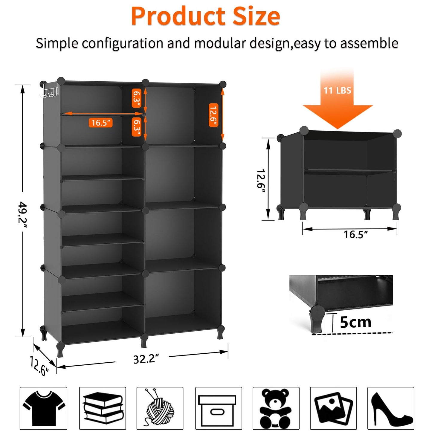 AWTATOS Closet Organizer, 8 Cube Closet Organizers and Storage, Closet Storage Shelves, Clothes Storage Organizers for Closet Bedroom Living Room Office Black