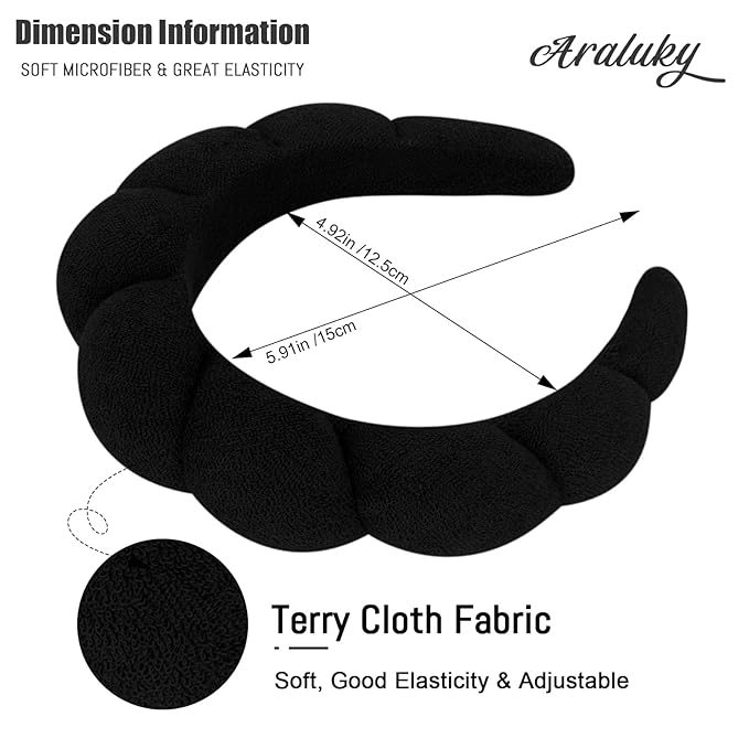 Women's Spa Headband for Face Washing, Makeup Removal, and Shower - Terry Cloth Puffy Sponge Headband with Hair Accessories (Black)