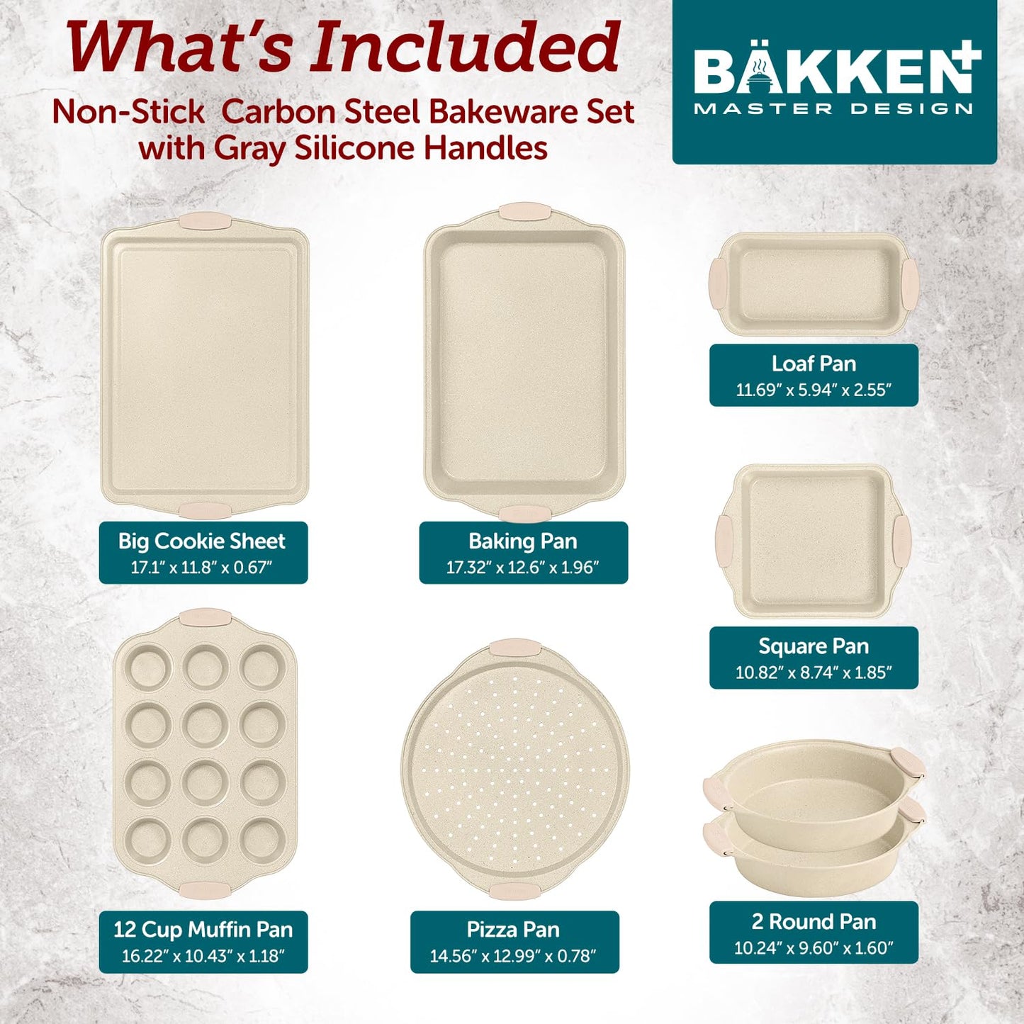 BAKKENMASTER Deluxe 8-Piece Carbon Steel Bakeware Set - Nonstick White Marble Coating, Silicone Handles - Professional Quality Kitchen Oven Baking Pans