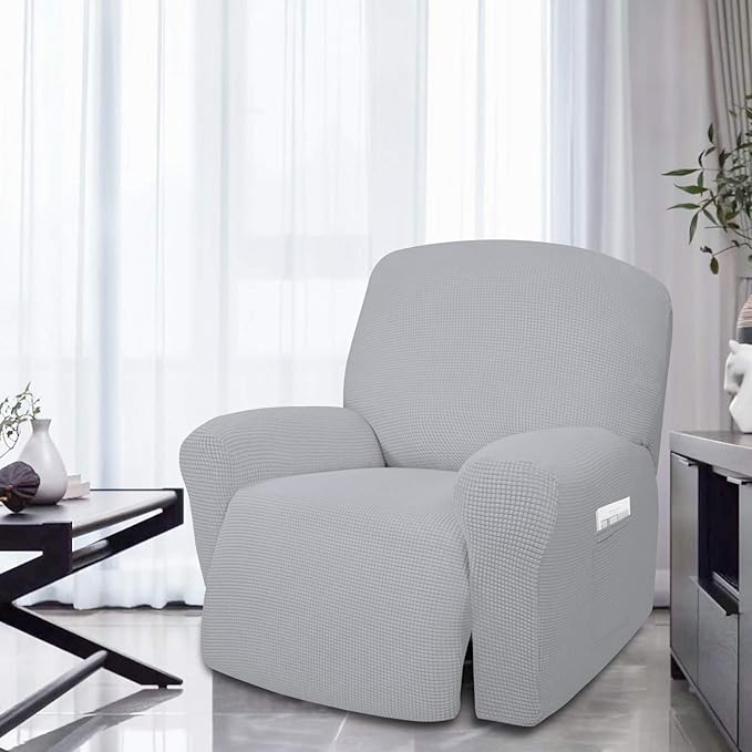 Easy-Going 4 Pieces Oversized Recliner Stretch Sofa Slipcover Sofa Cover Furniture Protector Couch Soft with Elastic Bottom Polyester Spandex Jacquard Fabric Small Checks Silver Gray,X-Large