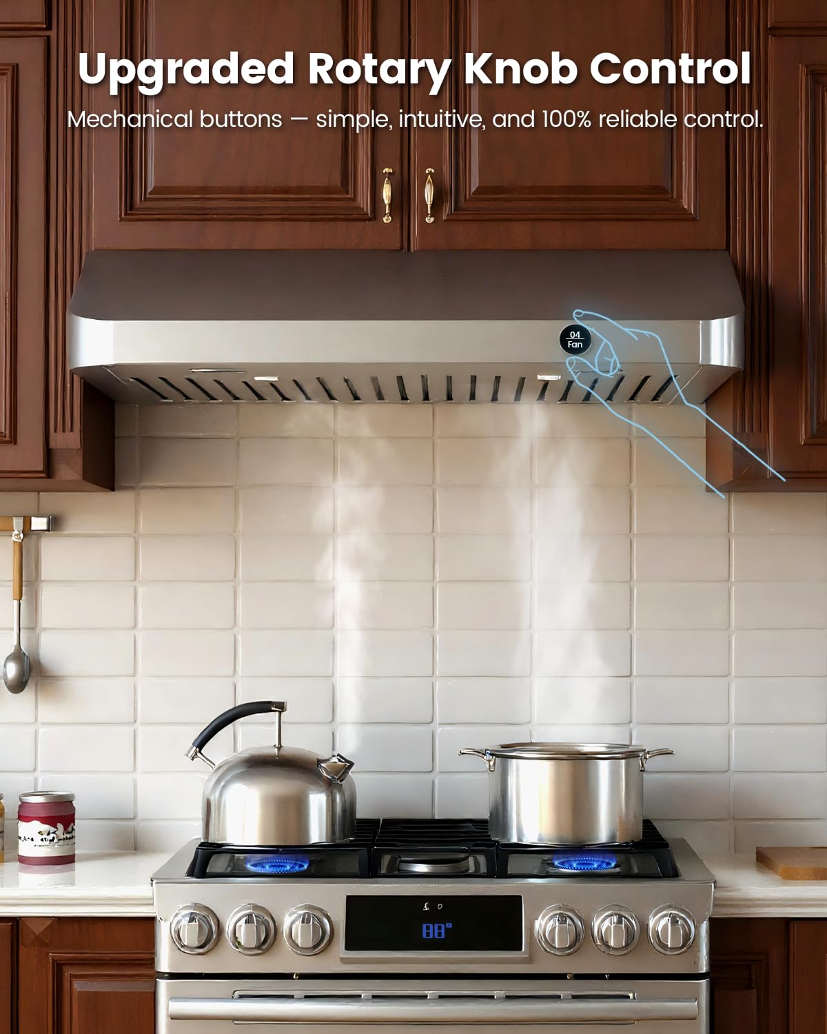 JOCO 36 Inch Under Cabinet Range Hood, 900 CFM Stainless Steel Kitchen Vent Hood, 4-Speed Knob Control C01-36K