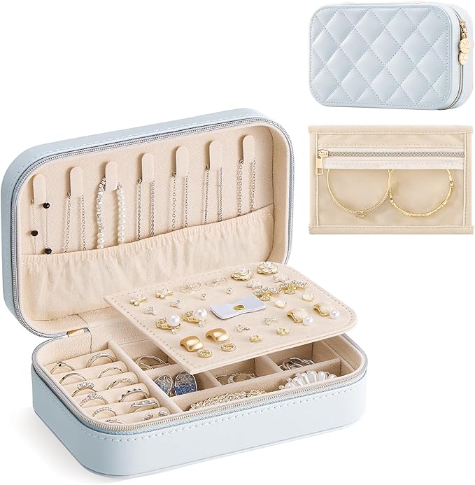 Lolalet Travel Jewelry Case for Women Girls, Travel Jewelry Organizer with Clear Storage Bag Small Portable Jewelry Box for Necklace Bracelet Earring Ring Birthday Bridesmaid Gifts -Medium/Blue