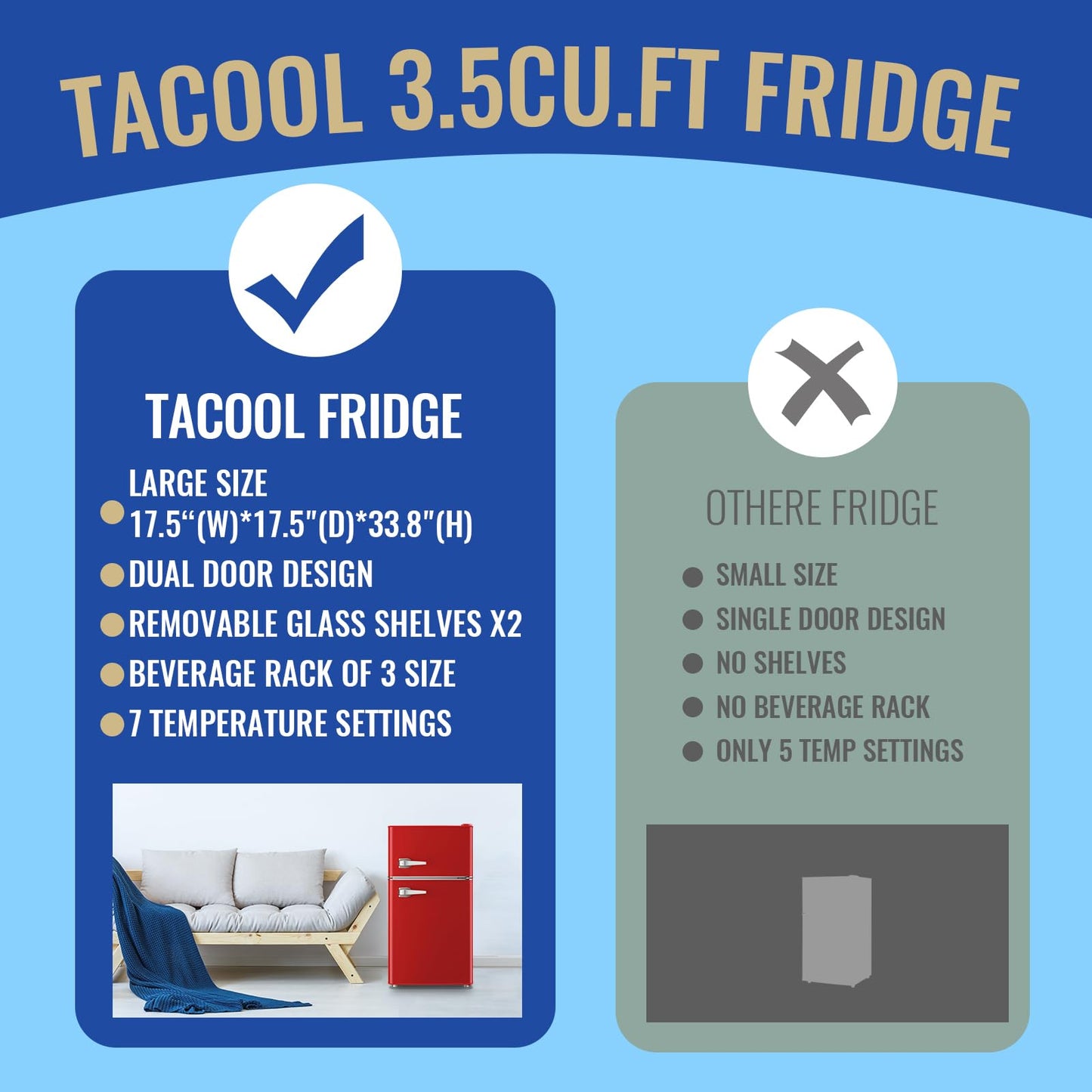 TACOOL 3.5 Cu.ft Refrigerator with Freezer Double Door Red Fridge Adjustable Glass Shelves, Plastic Crisper,7 Level Temperature Control Fridge for Dorm, Office, Apartment