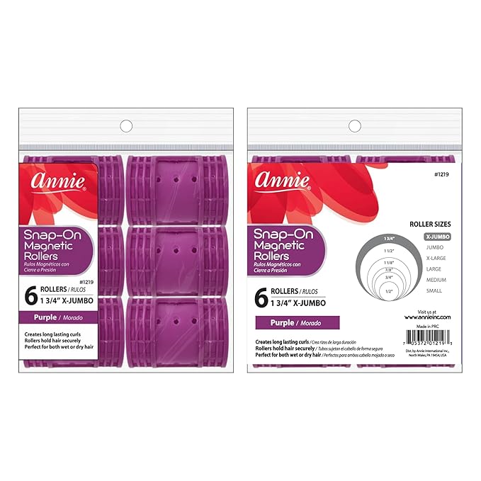 Annie Snap-On Magnetic Hair Rollers – Extra Jumbo 1 3/4 Inch with Locking Snap-Over Hood – Secure Hold No Pins Needed – Purple, 6 Count