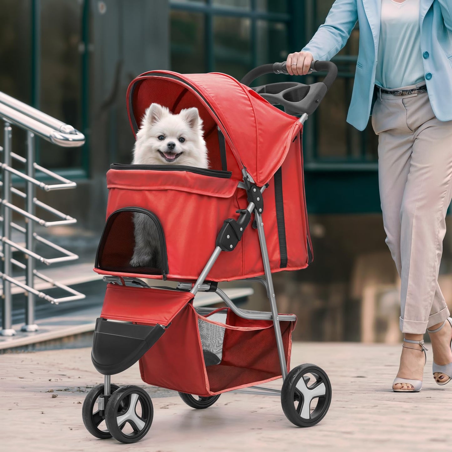 Magshion 3-Wheel Pet Stroller, Foldable Travel Jogger for Small & Medium Dogs & Cats (Up to 33lbs), Lightweight Carrier with Breathable Mesh Cover, Cup Holder & Storage Basket, Red