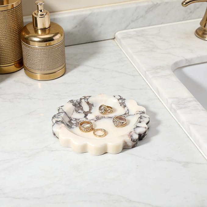 Koville 5.51" Scalloped Calacatta Viola Marble Tray, Round Stone Jewelry Trinket Dish for Ring, Natural Small Marble Tray for Bathroom Kitchen Dresser Countertop, Decorative Candle Tray