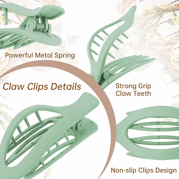 French Flat Hair Clips for Women - 6Pcs Flat Hair Claws for Thin Thick Hair Strong Hold No Slip Grip Hair Claw Clips for Women Girls (Matte Greens(L:4.6 IN, W:1.97IN))