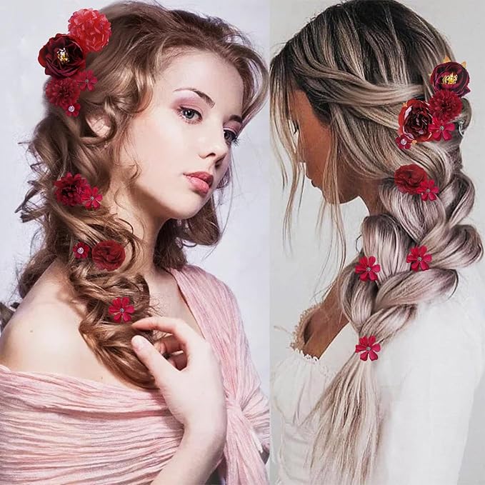 21 PCS Hair Flowers Boho Hair Barrettes Accessories Hawaiian Silk Flower Clips Girls Red Floral Bride Headpiece Festival(Red)