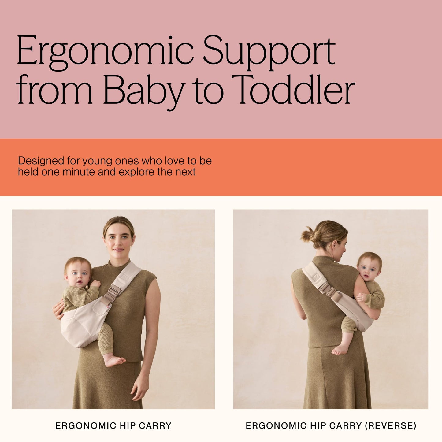 Ergobaby Upsie Sling Baby Carrier for Babies and Toddlers 6-48 Months (17-45 lbs) - 2-Position Ergonomic Baby Carrier with Front Storage Pocket, Hip-Healthy Positioning - Natural Beige