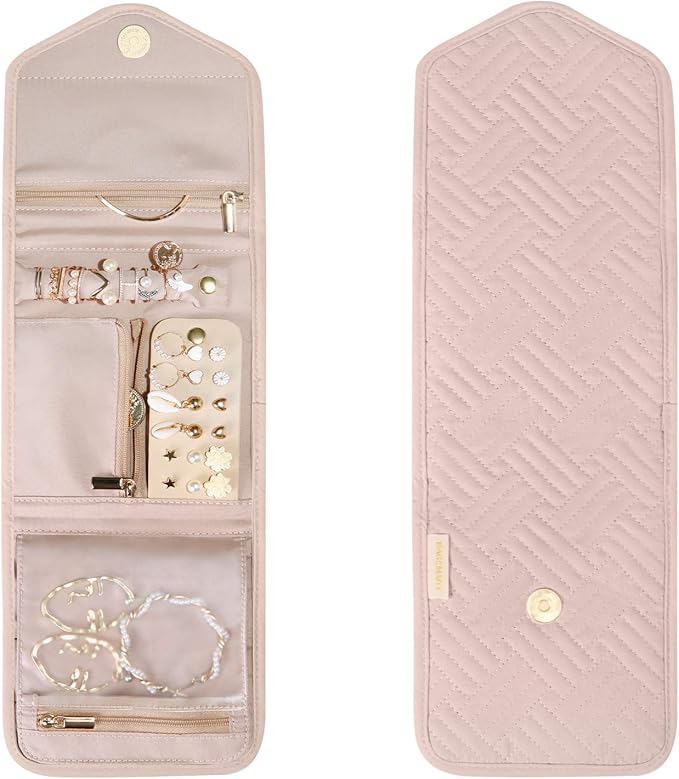 BAGSMART Travel Jewelry Organizer Case Foldable Small Jewelry Roll for Journey Rings, Necklaces, Earrings, Bracelets,Mini,Soft Pink