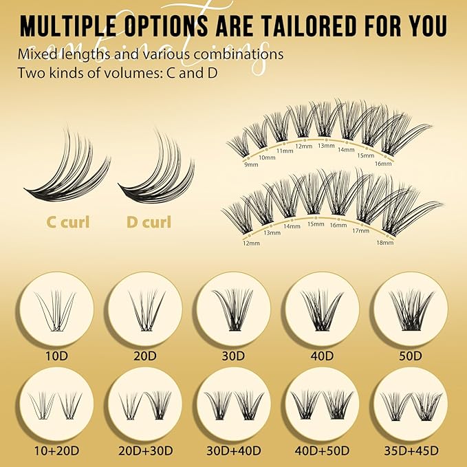QUEWEL Lash Clusters 320Pcs Cluster Lashes 35D+45D D Curl Lash Cluster Eyelash Extensions Mix9-16mm Individual Eyelashes Clusters Wispy Lash Clusters Thin Band Soft to Use at Home(35D+45D D Mix9-16)