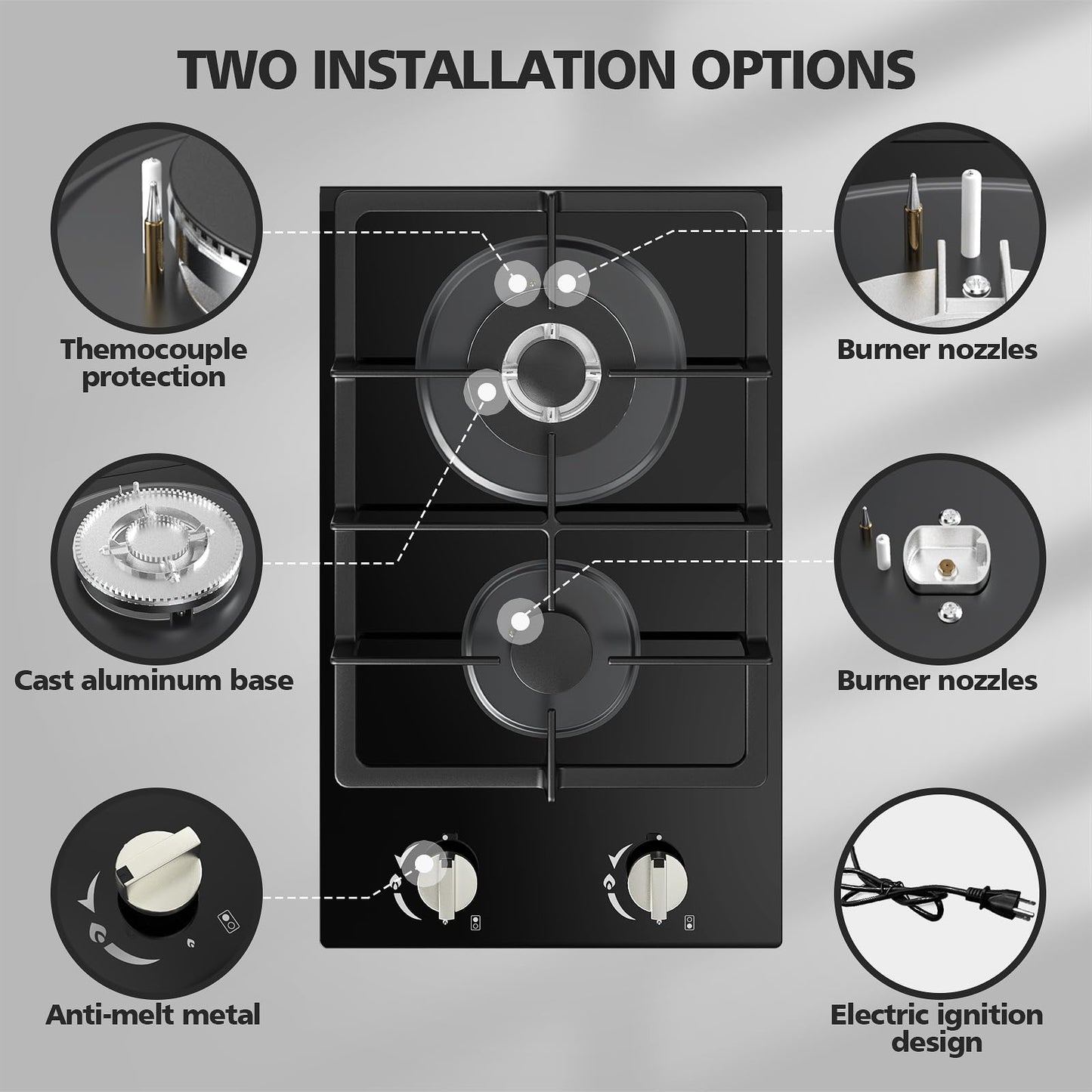 Gas Stove 2 Burner Propane Cooktop 12 inch, Nafewin Tempered Glass Portable Gas Cooktop Stove Burner with Thermocouple Protection, Lpg/Ng Dual Fuel Built-in Hob for Apartments, Outdoor, Rvs