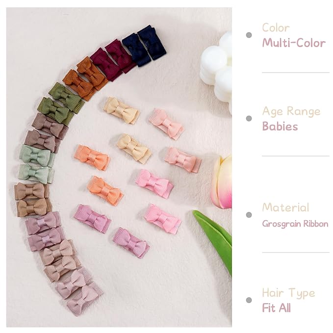 CÉLLOT 40pcs Mini 1.2" Grosgrain Ribbon Snap Clips - Tiny Fine Thin Hair Bows in Pairs for Baby Girls, Toddlers, and Infants