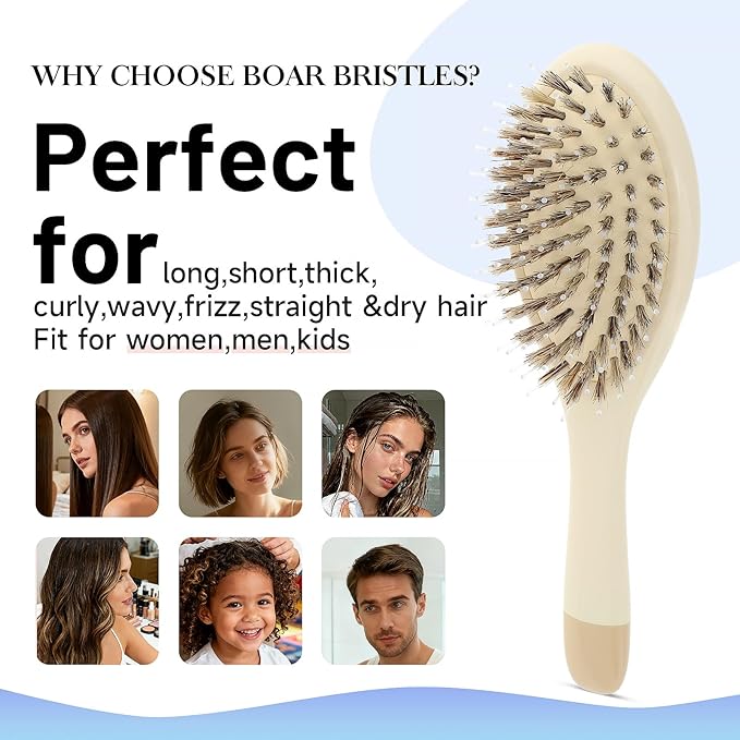 Boar Bristle Hair Brush -boar bristles + nylon pinsÃ¯Â¼Â Smoothes & Detangles All Hair Types, Hairbrush for Women, Men & Kids, Distributes Oils for Natural Shine & Stimulates Scalp