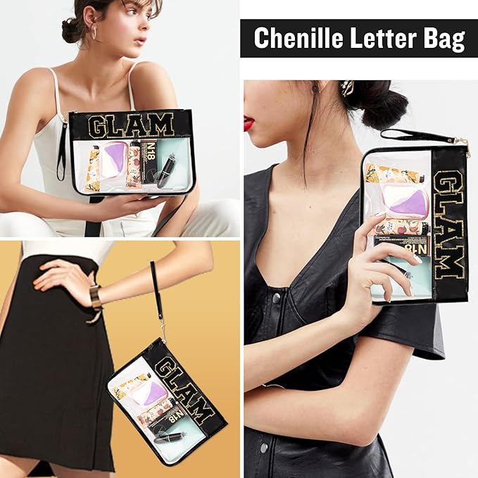 Izuzt Chenille Letter Clear Bag Glam Purse Pouch, Monogram PVC & PU Clear Zipper Pouch with Wristlet, Waterproof Portable Glitter Snacks Makeup Beach Toiletry Bag for Women Girls (GLAM-Black)