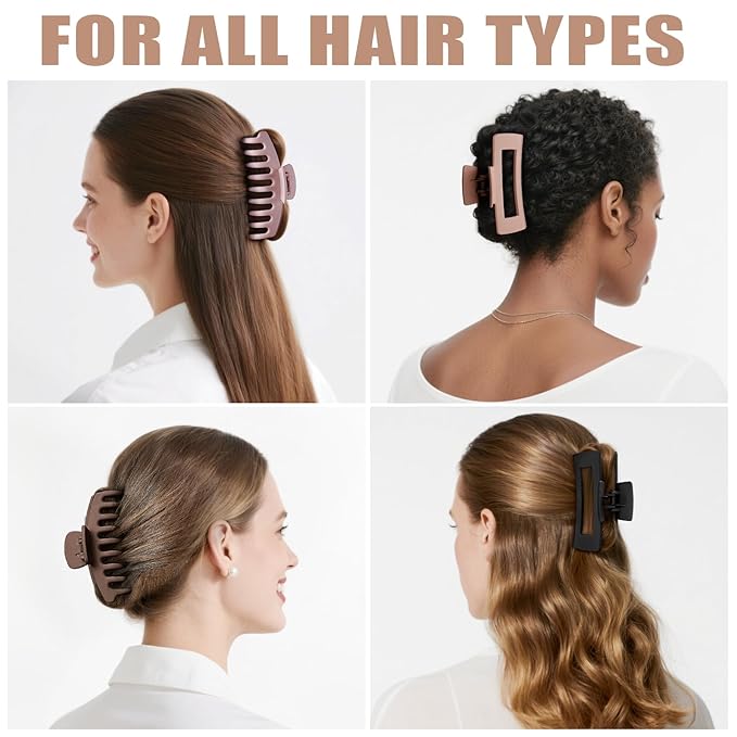 TOCESS Big Hair Claw Clips for Women - Neutral Large Claw Clip for Thin Thick Curly Hair 90's Strong Hold 4.33 Inch Nonslip Matte Jumbo Hair Clips (8 Pcs)