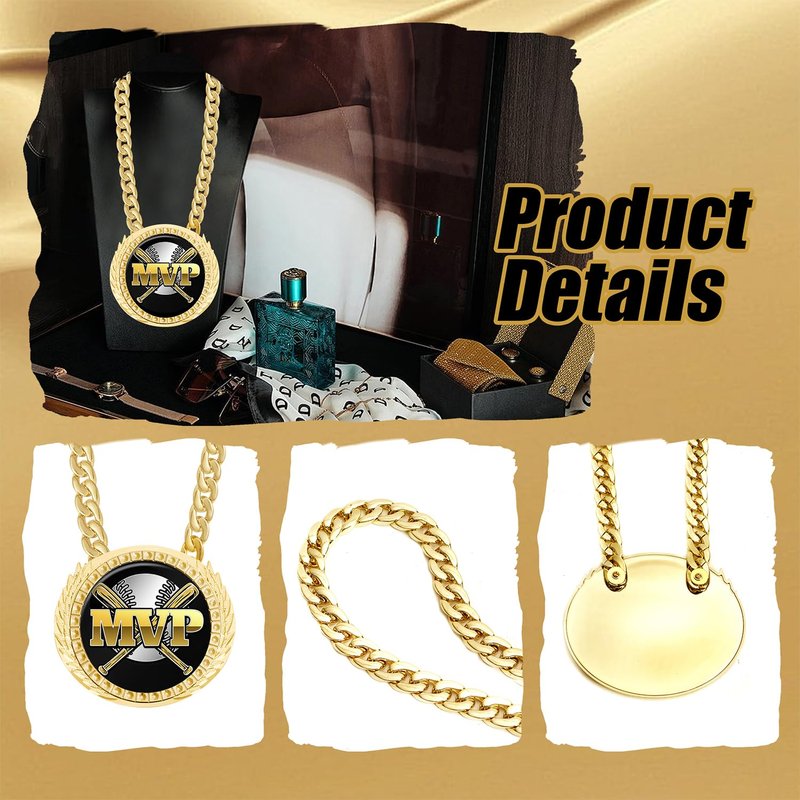 Goutoports Baseball Chain MVP Medal Award – 6" Oversized Gold Turnover Chain Trophy Necklace Prize for Team Champion, Little League, Youth Baseball, Tournament Winner, Banquets Party Gifts