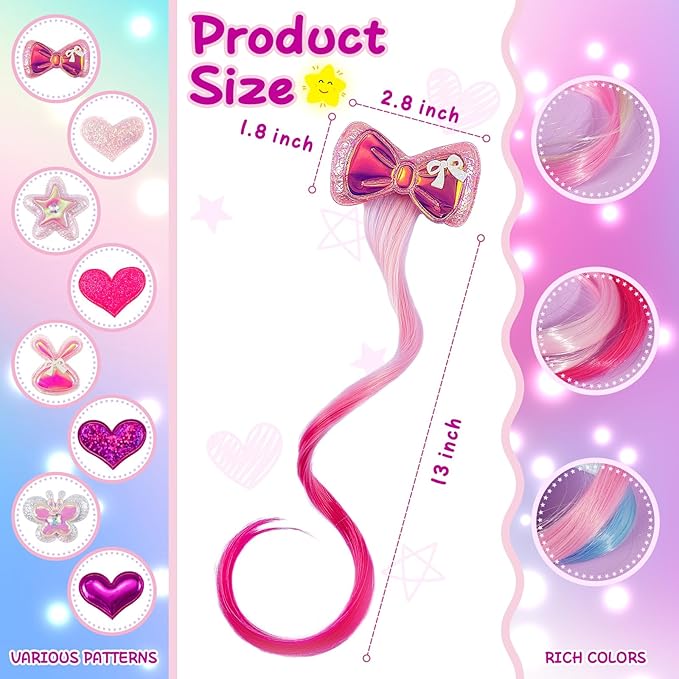 12 Pieces Hair Clips for Girls, Bow Curly Pink Gradient Hair Extensions for Kids, Little Girl Hair Clips Accessories for Ponytails Princess Dress Up
