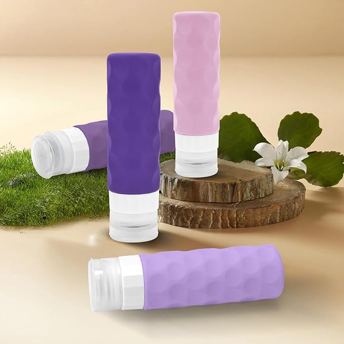 Silevoler Travel Bottles for Toiletries, 4pcs Tsa Approved 3oz Travel Size Containers, BPA Free Leak Proof Premium Silicone Bottles, Refillable Liquid Squeezable Accessories W/Toiletry Bag(Purple)