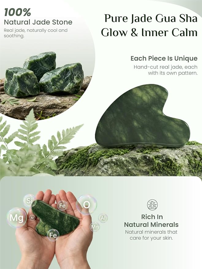 Rena Chris Gua Sha Facial Tools, Xiuyan Jade Guasha Tool for Acupuncture, Manual Massage Tool for Jawline Sculpting and Puffiness Reducing, Gua Sha Facial Massage Tool, Skin-Care Gift (Dark Green)