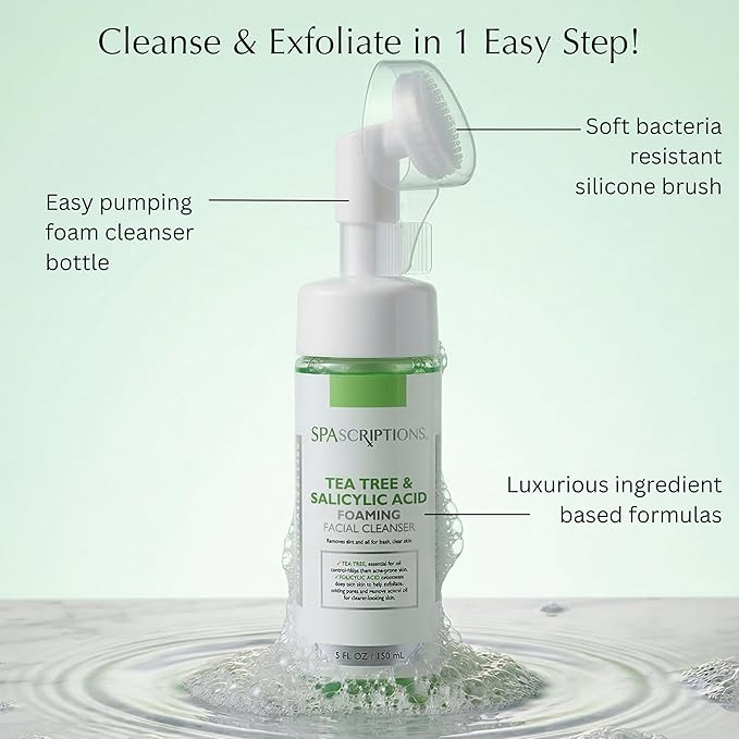 SpaScriptions 2 in 1 Cleanse & Exfoliate Foaming Facial Cleanser - Tea Tree & Salicylic Acid Face Wash with Silicone Brush for Acne & Pores with Oil Control for Daily Cleansing, All Skin Types, 5 oz