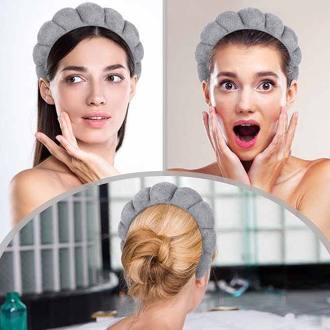 Women's Spa Terry Cloth Headband for Face Washing, Makeup Removal and Hair Care (Grey)