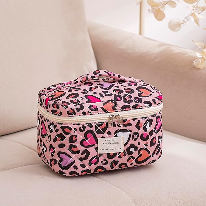 uekeboag Large Travel Quilted Makeup Bag for Women, Floral Cotton Cosmetic Bag, Coquette Aesthetic Floral Toiletry Organizer Bag