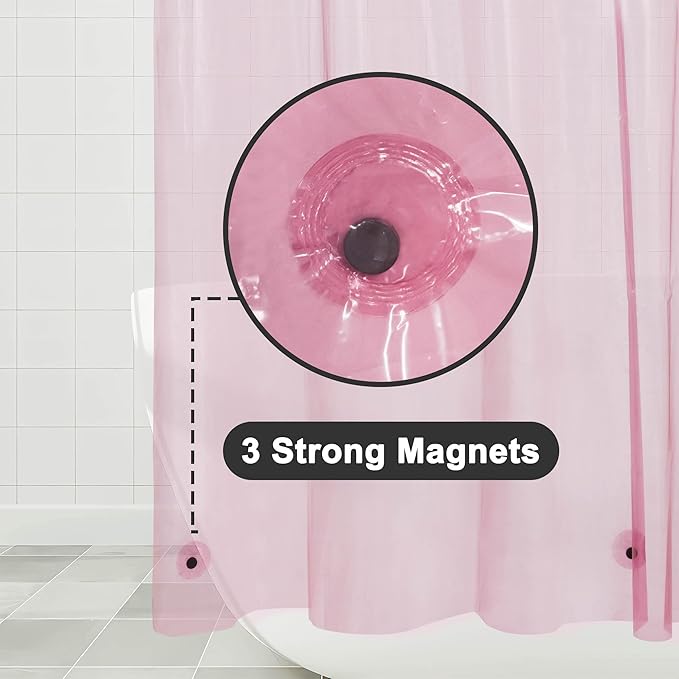 Barossa Design Clear Pink Stall Shower Curtain Liner with 3 Magnets - 36" x 72" Waterproof Lightweight PEVA Plastic Narrow Shower Liner for Small Bathroom, Metal Grommets - Clear Pink
