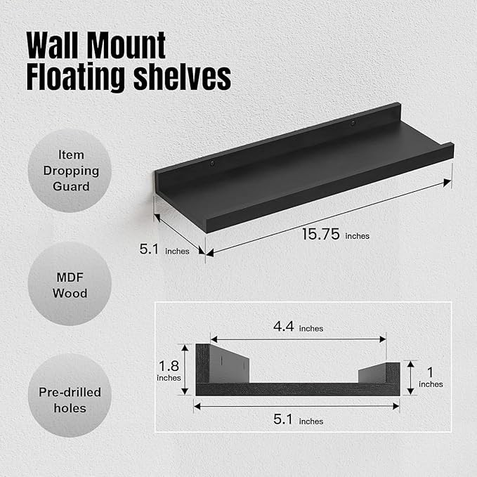 RICHER HOUSE 8 Set Black Floating Wall Mounted Shelves, Nursery Hanging Book Shelves with Lip for Storage, Black Display Picture Ledge Shelf for Bedroom Bathroom Kitchen Living Room Wall Decor