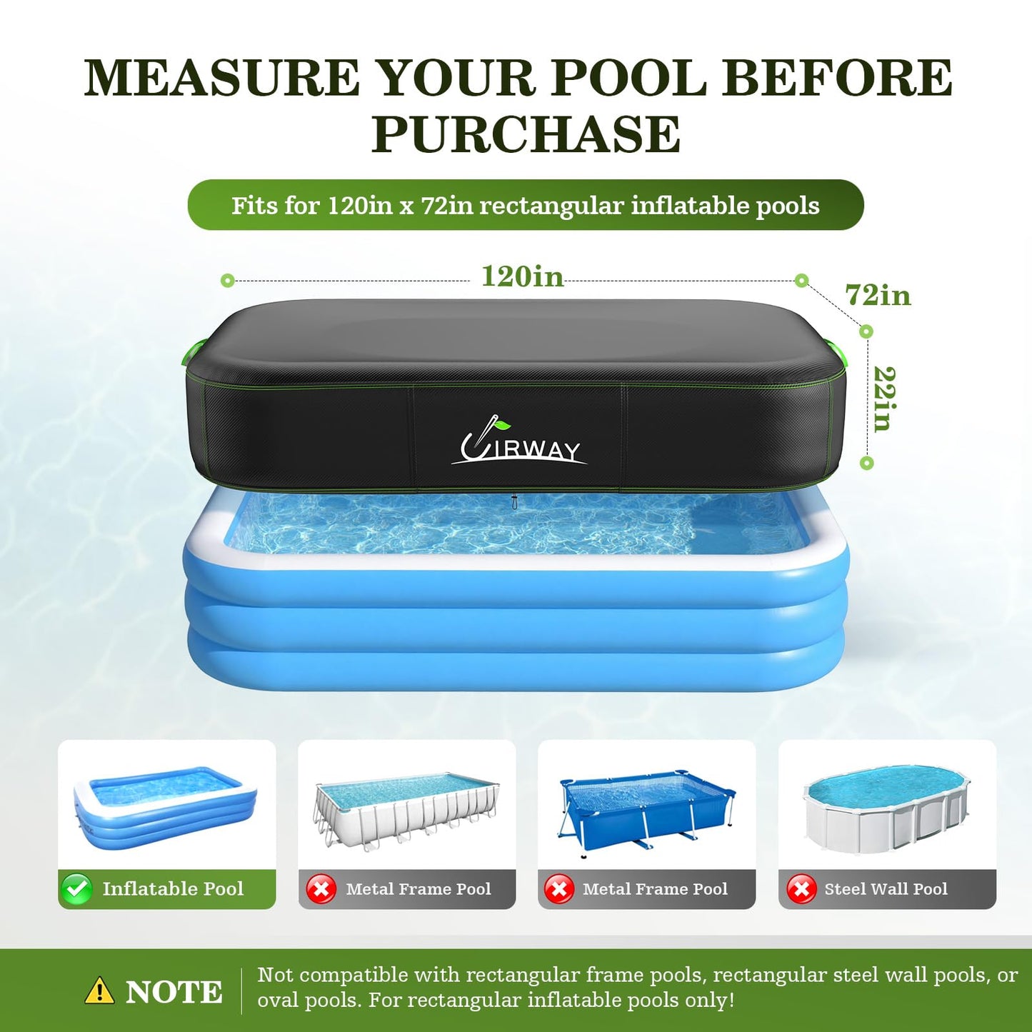 UIRWAY Rectangular Pool Cover 120in x 72in, Inflatable Pool Covers for Above Ground Pools with Elastic Cord - Snug Fit & Easy Set, Outdoor Swimming Pool Cover with 2 Reflective Strip Handles, Black