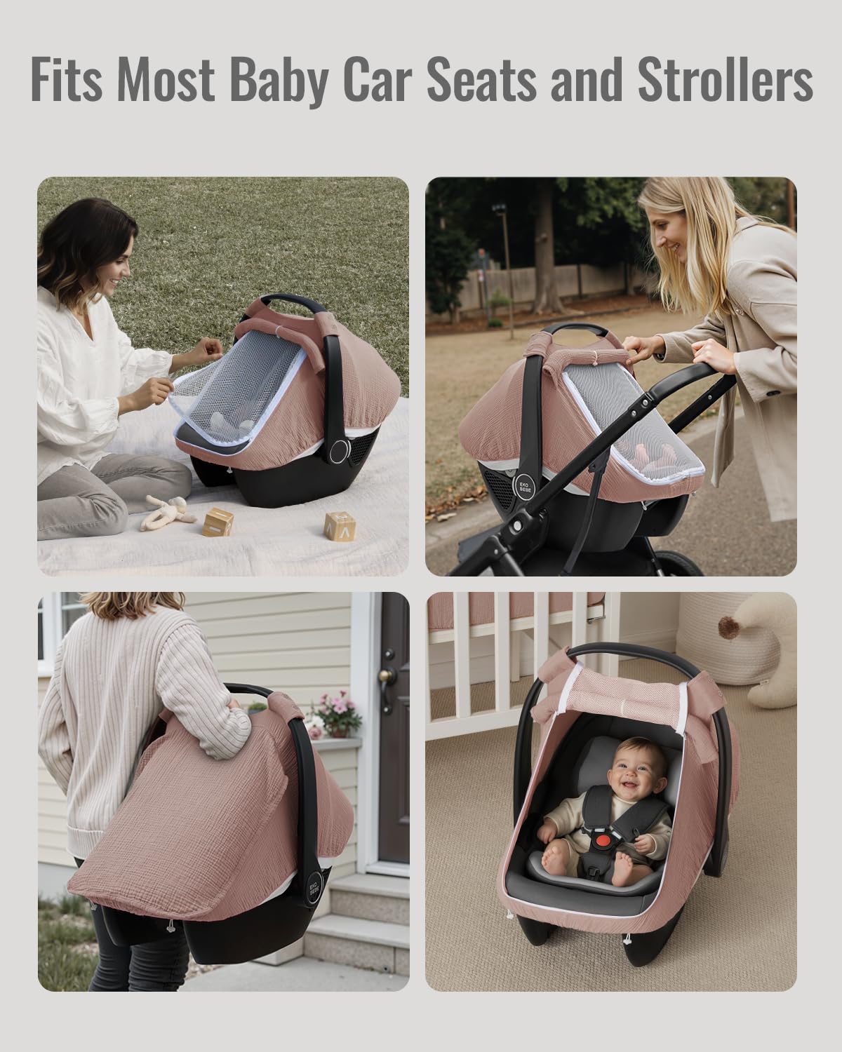 Blissful Diary Baby Car Seat Cover, Extra Large Mesh Window, Breathable Muslin Cotton, Infant Windproof Canopy-Dusty Pink