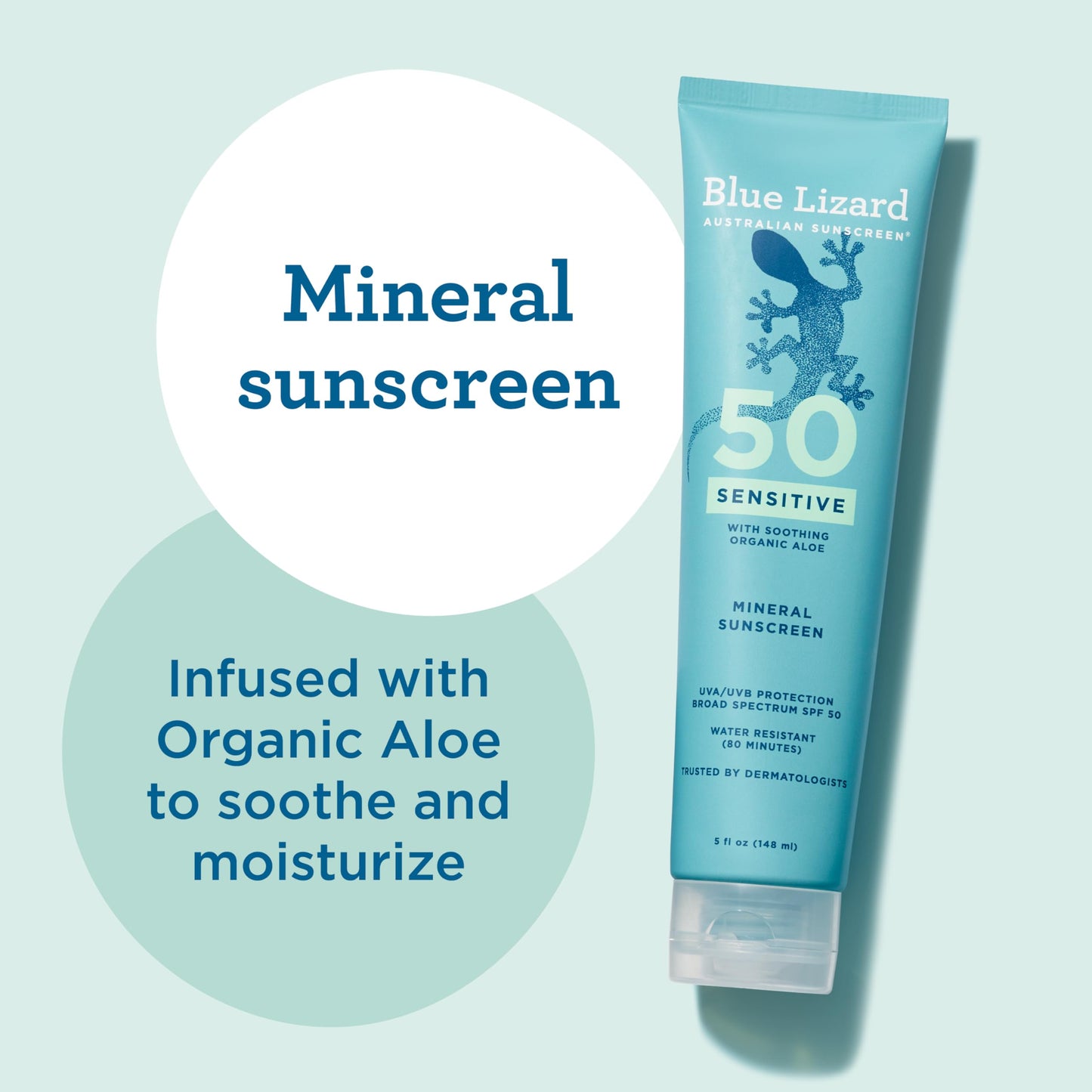 Blue Lizard Sensitive Mineral SPF 50 Sunscreen Lotion, 100% Mineral Sunscreen, UVA/UVB Protection, Infused with organic Aloe Vera, Soothes and Hydrates, 5 fl oz