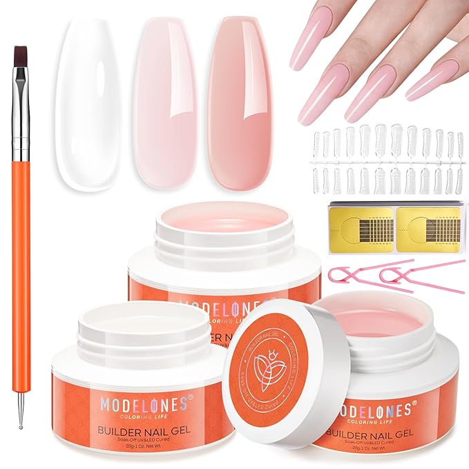 modelones Builder Nail Gel 3 Colors French Tip, 10-in-One Builder Clear Nude Pink Hard Gel Nail Kit with Dual End Brush, Acrylic Clamps, Paper Forms for Extension Apex Building Sculpting LED Cured