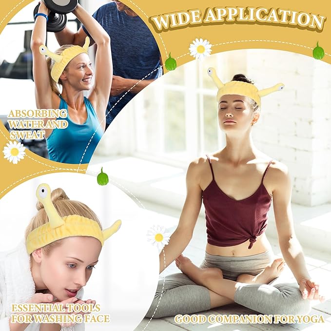 Face Wash Headband, Palm and Snail Spa Hair Bands Makeup Headbands Women Cartoon Cute Coral Fleece Elastic Headband Creative Hair Accessories for Washing Face Shower Sports (Yellow)