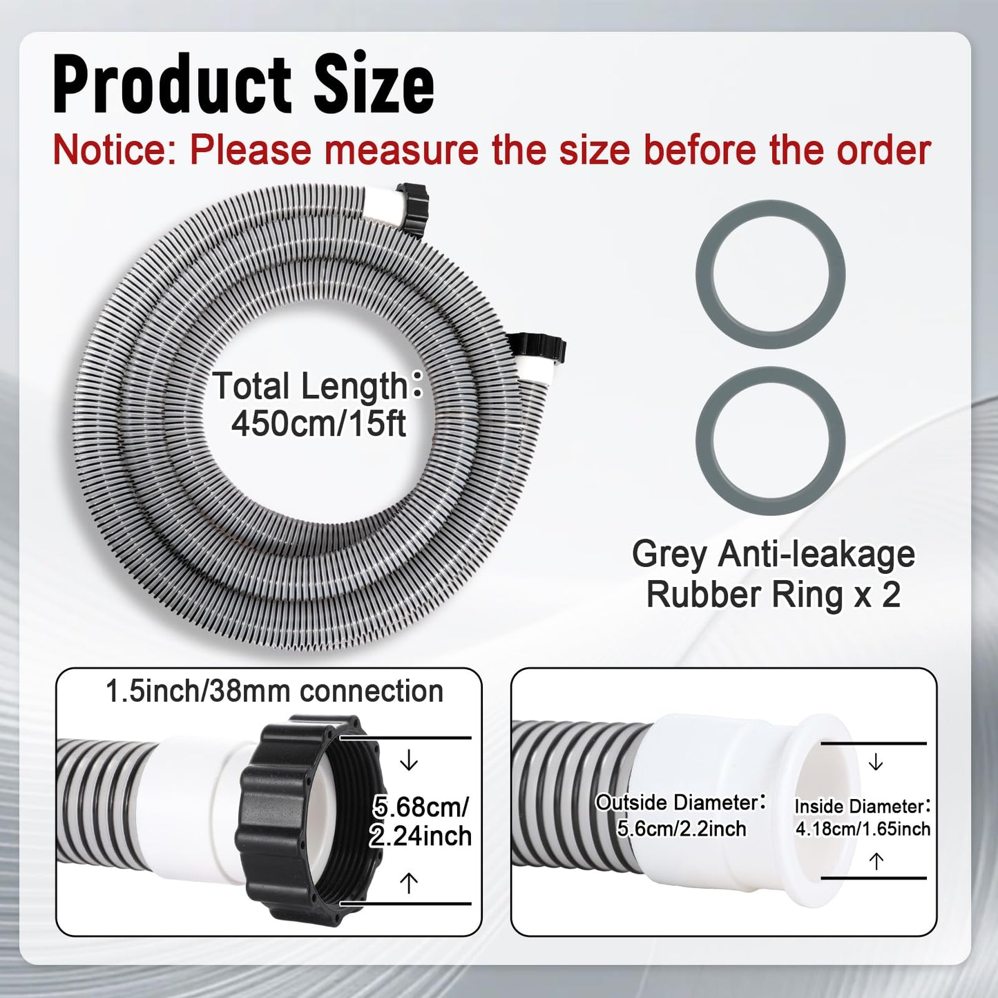 Conderyang 1 Pack 1 1/2 Pool Hose for Above Ground Pools 15ft Long Pool Pump Replacement Filter Hoses 1.5" EVA Swimming Pools Filter Hose for Filters Pumps, Saltwater Systems and Sand filters (Black)
