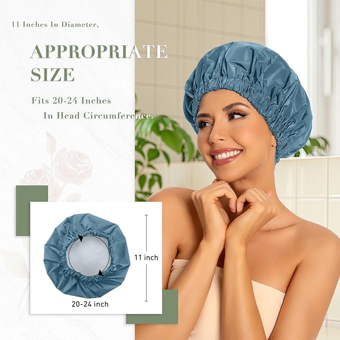 Reusable Shower Cap for Women, Large Waterproof Shower Bonnet with Elastic Band, Washable Bath Hair Cap for Long, Curly Hair, Braids, Daily Shower, Home Spa, Travel(Haze Blue)