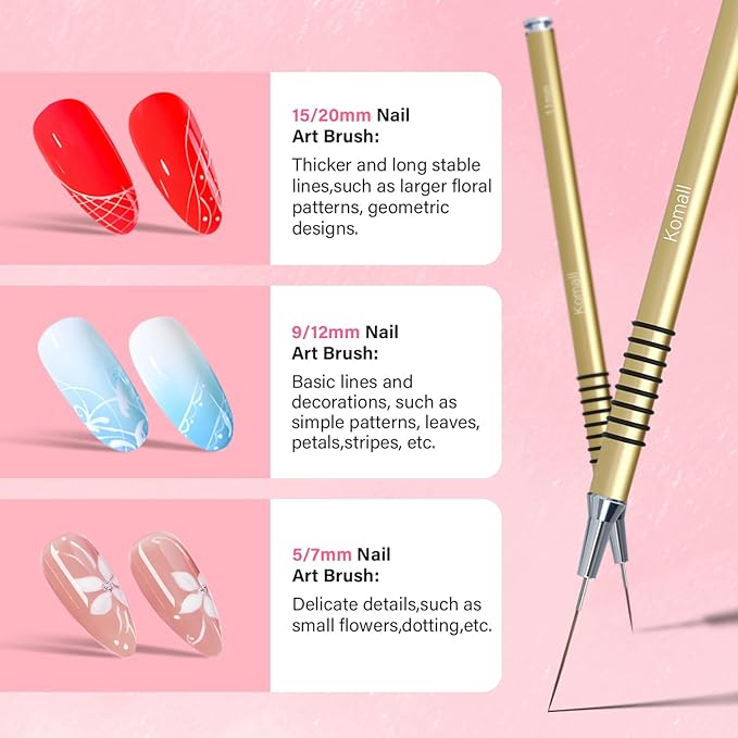 Metallic Nail Art Brushes, 6Pcs Non Slip Liner Brush Set, UV Gel Polish Painting Art Design Pen for Long Lines, Thin Details, Fine Drawing Sizes 5/7/9/11/20/25mm(Gold)
