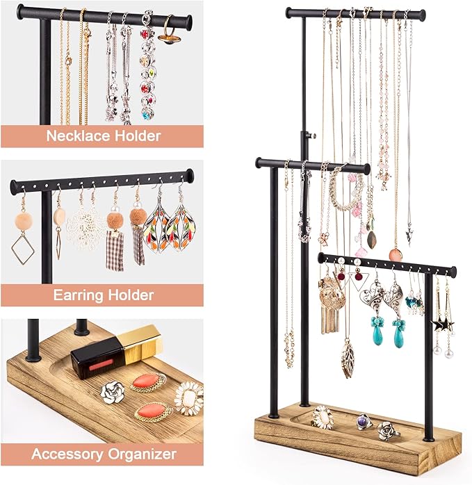 SRIWATANA Jewelry Organizer Stand, Extra Tall Necklace Holder Jewelry Holder, Gift Idea (Carbonized Black & Black)