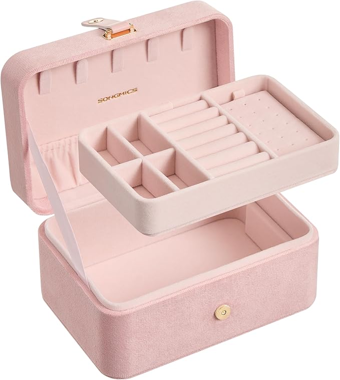 SONGMICS Jewelry Organizer Box, Travel Jewelry Case, 2-Layer Travel Case for Earrings, Necklaces, Bracelets - Portable Jewelry Storage with Large Capacity, Gift Idea, Jelly Pink UJBC166R02