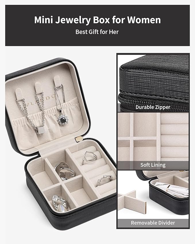 VLANDO Travel Jewelry Case, Mothers Day Mom Gifts, Small Jewelry Travel Organizer Box for Girls Women with Mirror Black