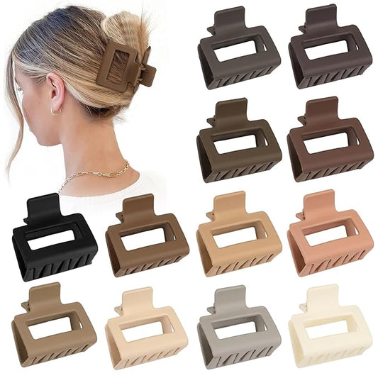 2 Inch Medium Hair Claw Clips 12 Pcs Square Hair Claw Clips for Thin Hair Matte Nonslip Acrylic Banana Jaw Clips Bulk Hair Accessories for women and Girls (Brown)