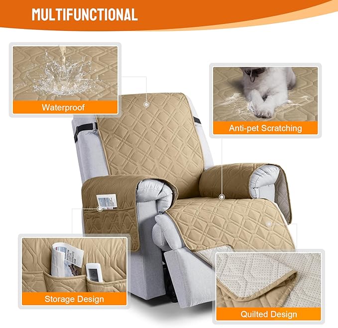 VANSOFY 100% Waterproof Recliner Chair Covers, Recliner Cover Non-Slip Dog Chair Cover Furniture Protector Washable Slipcover with Pocket, Elastic Straps for Pets, Dogs(Sand, 23.6")