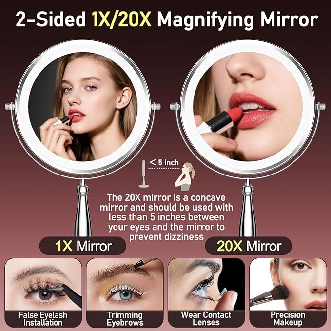 Vanity Mirror with Lights, 9'' Lighted Makeup Mirror, 1X/20X Double Sided Magnifying Mirror, 5000mAh Rechargeable, 3 Color Dimmable LED, 360° Rotation Desk Mirror for Makeup & Skincare