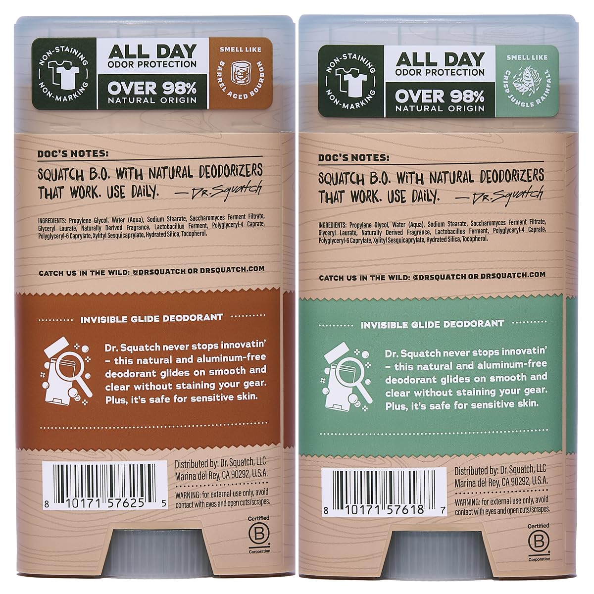 Dr. Squatch Invisible Glide Natural Men’s Deodorant – Smooth Glide, No Stains – Aluminum Free Deodorant Men – Safe for Sensitive Skin – Wood Barrel Bourbon + Rainforest Rapids, 2.65oz (2-Pack)