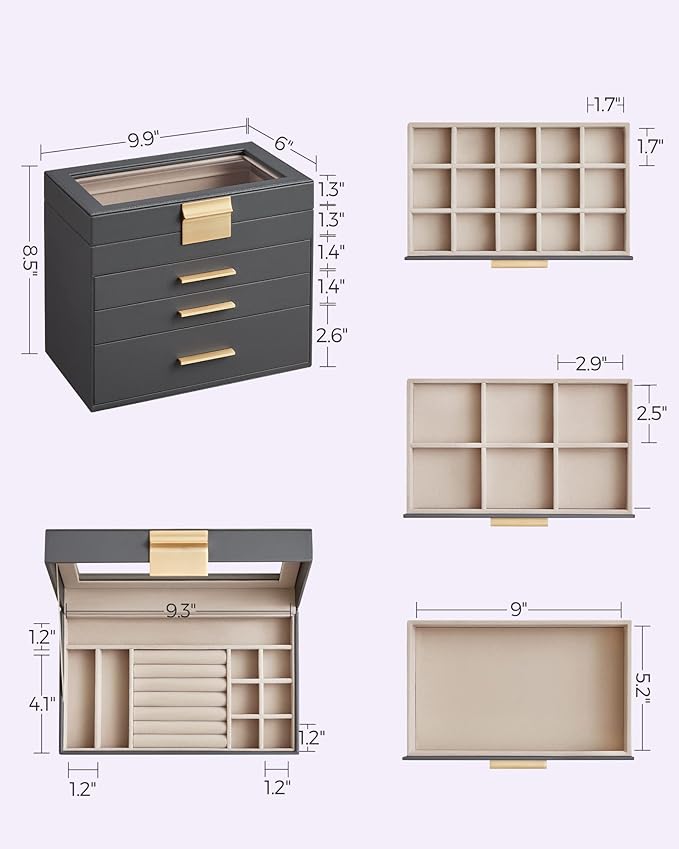 SONGMICS GISELLA Collection - Jewelry Box Organizer, 4-Layer Jewelry Storage with 3 Drawers, Shiny Metal Hardware, Glass Lid, Modern, 6 x 9.9 x 8.5 Inches, Gray and Gold Color UJBC161C01