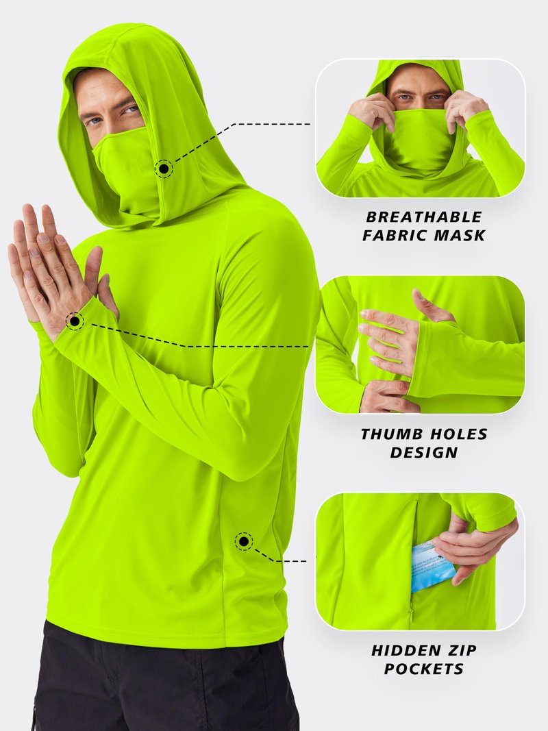 Men's Sun Hoodie Shirt with Mask UPF 50+ Fishing Shirts for Men UV Protection Shirts Long Sleeve Rash Guard Hiking Clothes L Lemon Green