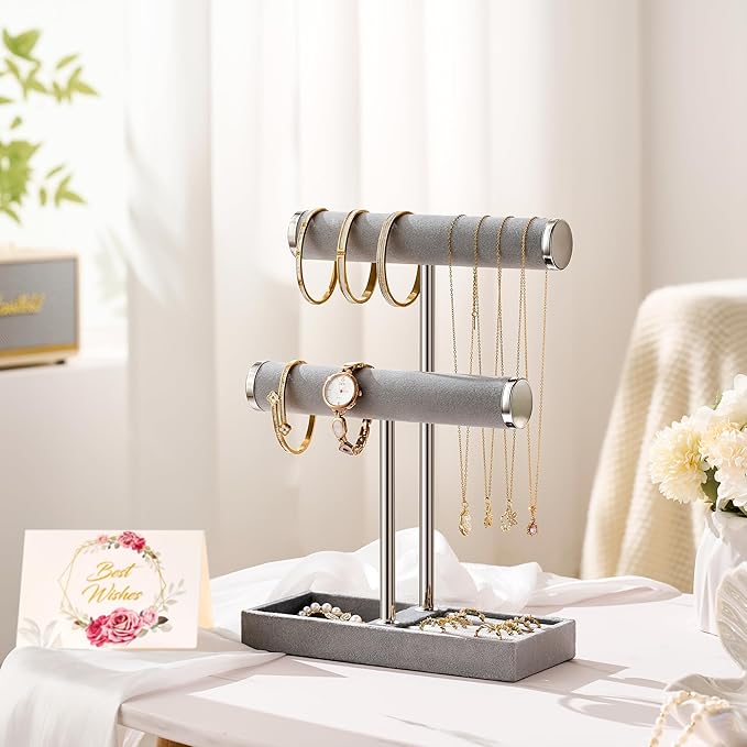 2 Tier Bracelet Holder Display - Detachable T Bar Grey Velvet Bracelet Holder, Jewelry Holder Organizer for Bracelet, Necklace, Earrings, Rings