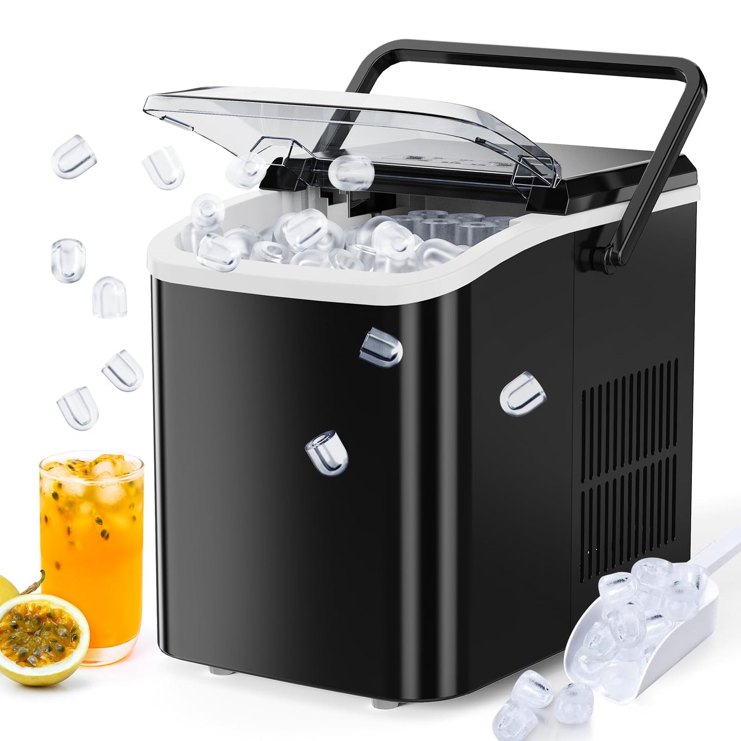 Sweetcrispy Portable Ice Maker Countertop with Ice Scoop, Basket and Handle, 9 Ice Cubes in 6 Minutes, 26.5lbs/24Hrs, Self-Cleaning with 2 Sizes of Bullet Ice for Kitchen, Office, Bar, Ink Black