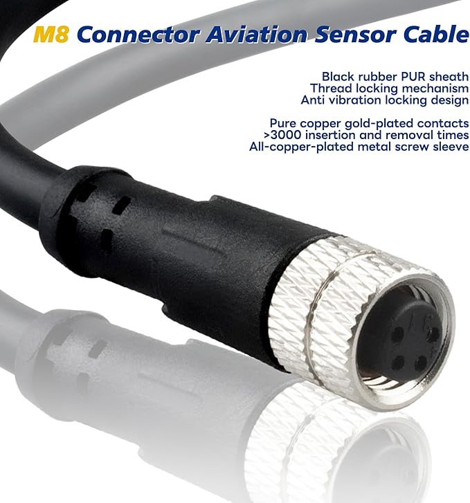 Lonlonty M8 Cable 4 Pin 6.5Ft/2M Female A Coding Circular Connector Cable Shielded IP67 Waterproof Single End A Code