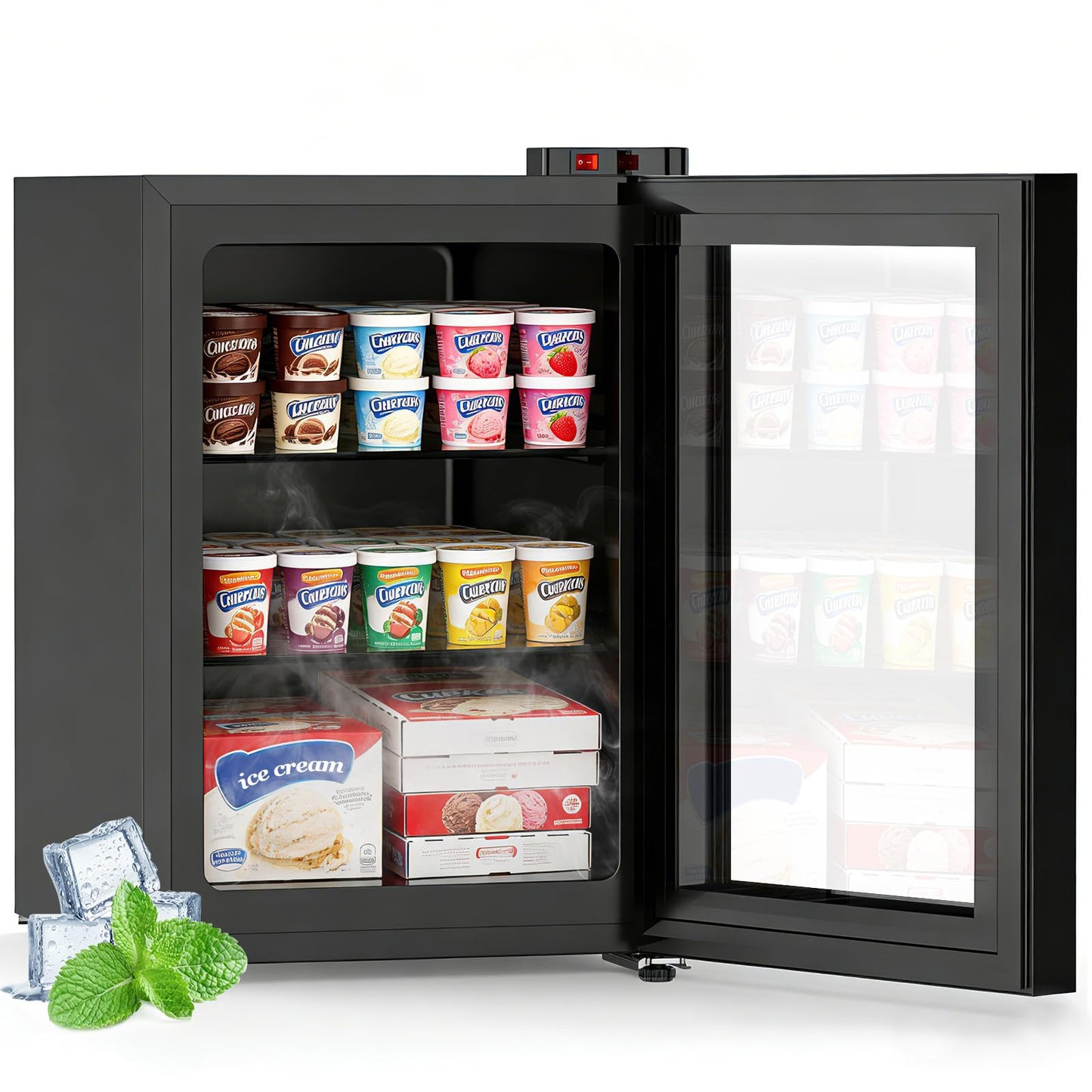 Kndko 2.4 Cu Ft Mini Freezer with Display Glass Door, 7 Adjustable Temperature Settings -10°F to -18°F, Upright Small Freezer With Removable Shelves Perfect for Ice Cream